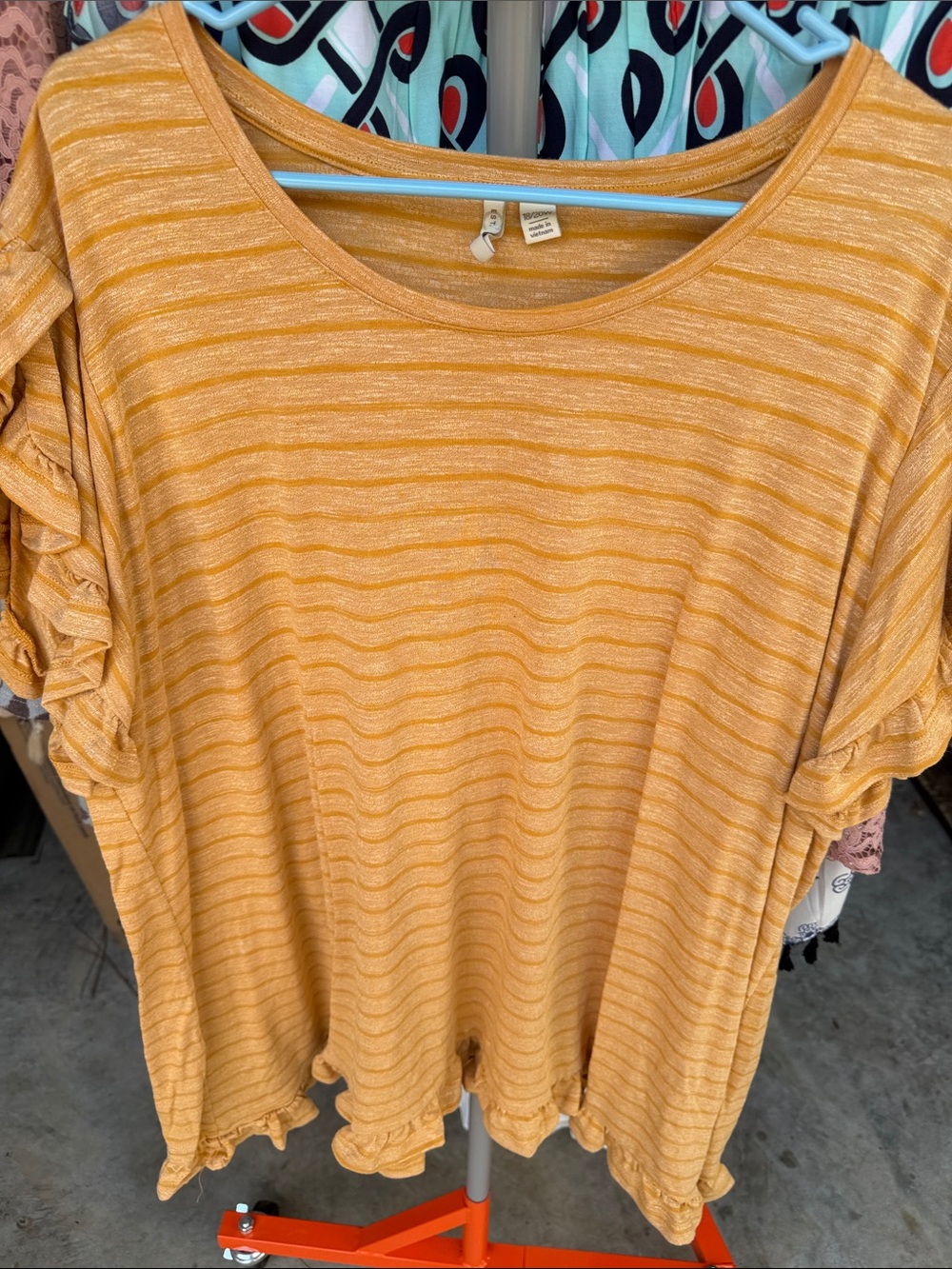 Women's Ruffled Short Sleeve Stripe Tee in Mustard